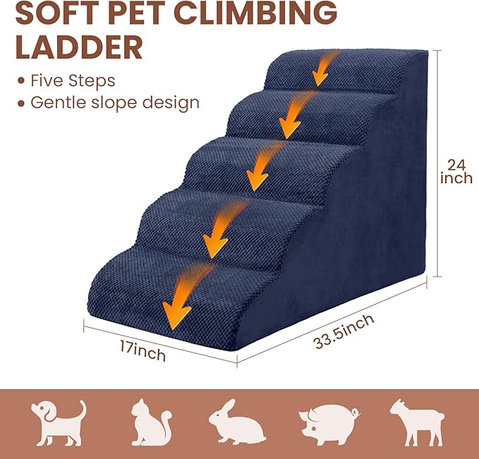 5 Steps Dog Stairs for Bed, 24" Dog Steps for High Bed, High Density Pet Steps for Small Dogs, Extra Wide Non-Slip Dogs Ramp for Injured, Older Pets, Small Cats, Navy