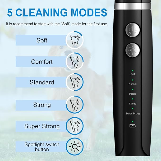 Plaque and Tartar Remover, Dog Ultrasonic Teeth Cleaner Toothbrush for Tartar and Stains with LED Light, 5 Modes Low Noise Sonic Tooth Cleaning Kit Tool for Dogs (Black)