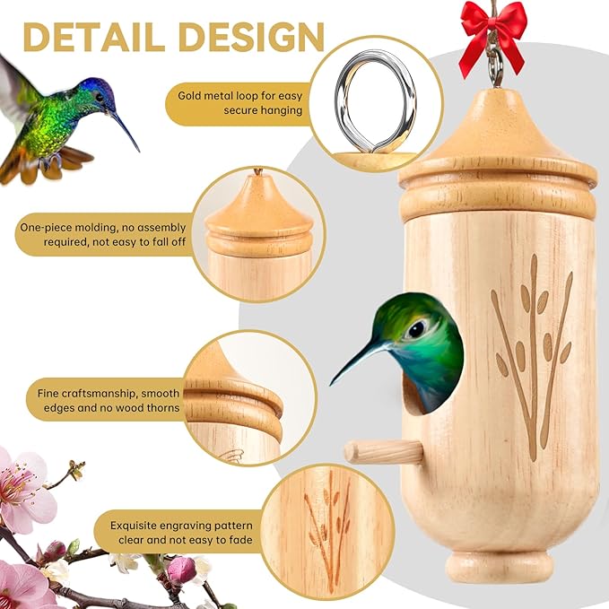 Hummingbird House, Solid Wood Hummingbird Houses for Outside-Exquisitely Handcrafted Birdhouse with Bow and Jute String Hanging Kit, Durable Garden Decor, Perfect Gardening Gift (Style-B, 1 Pack)