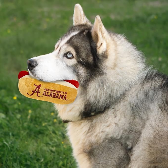NCAA Alabama Crimson Tide HOT Dog Plush Dog & CAT Squeak Toy- Cutest HOT-Dog Snack Plush Toy for Dogs & Cats with Inner Squeaker & Beautiful Football/Basketball Team Name/Logo