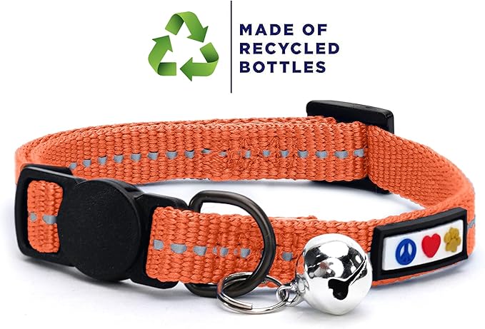 Pawtitas Recycled Cat Collar with Reflective Stitched and Safety Buckle Removable Bell Reflective Cat Breakaway Collar Made from Plastic Bottles - Living Coral Cat Collar.