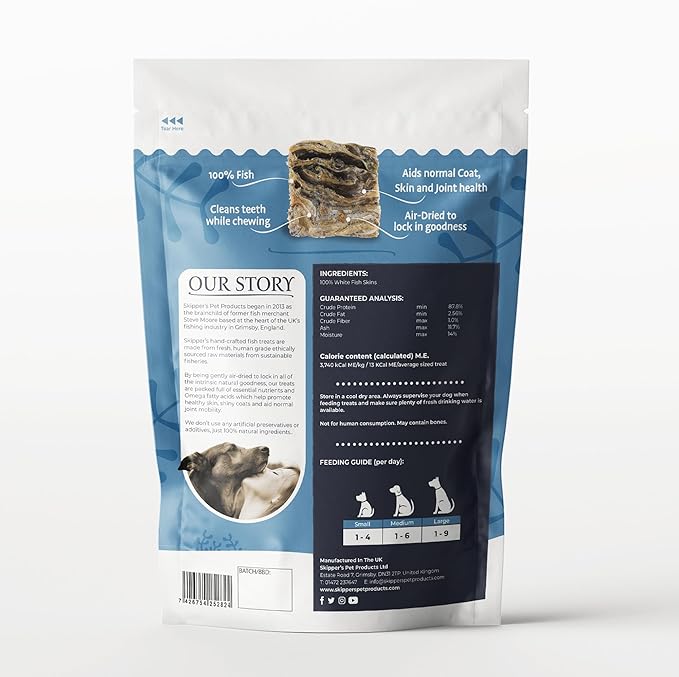 SKIPPER'S Cod Fish Skin Small Jerky Cubes - Gently Air Dried Single Ingredient Cod Skin Dog Treats, Rich in Omega 3 & Grain Free Crunchy Bites, Hypoallergenic & Gluten Free | Great for Teeth (8.82 Oz)
