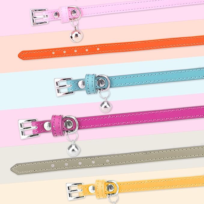 PUPTECK 2 PCS Soft Genuine Leather Cat Kitten Collar with Bells Adjustable for Girl Boy Cats Puppy, Rose Pink