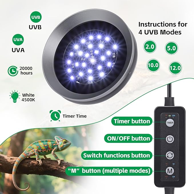 UVB Light for Reptiles with Dimming, LED UVB Light Bulb Fixture for Bearded Dragon Gecko Lizard Turtle Snake, Adjustable Brightness UVA UVB Lamp for Tropical & Desert Reptile Tank Accessories 6W Grey