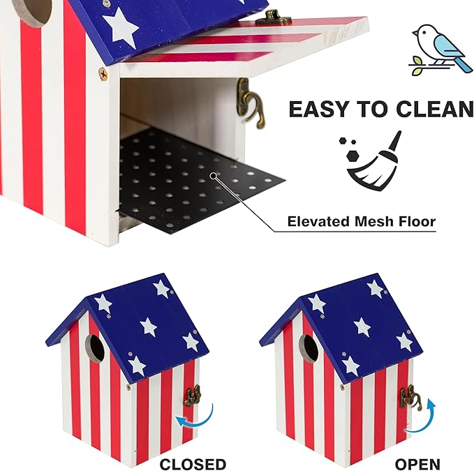 Flag Style Large Bird House for Outside with Metal Tube, Thicken Wooden Hanging Birdhouse with Clear View Panel Clear View Panel Predator Guard Nesting Box for Swallow Wren Chickadee Finch Bluebird