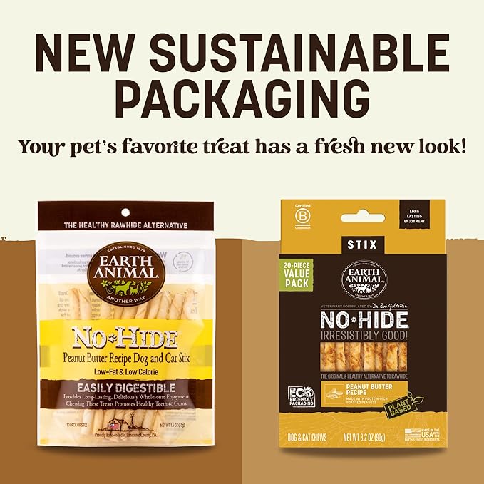Earth Animal No-Hide Stix Peanut Butter Recipe Natural Rawhide Alternative Dog & Cat Chews - 40 Count Extra Value Pack