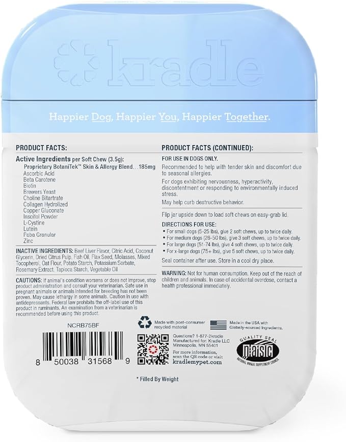Kradle Skin Health Chews for Dogs - Biotin Collagen Brewers Yeast - Soothes Environmental Skin Irritation - 150 Chews