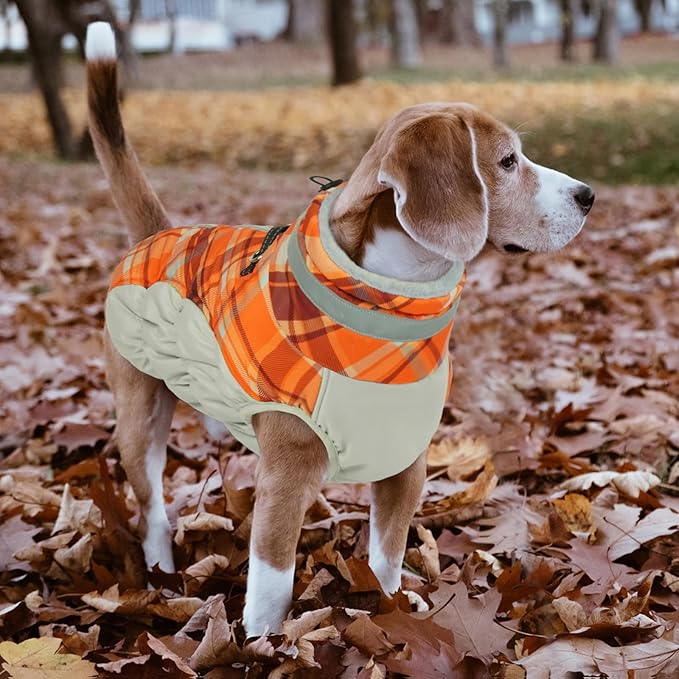 Lelepet Dog Coat Warm Dog Winter Coat Waterproof Dogs Jacket with Harness Built in Reflective Pet Fleece Vest Zip-Up Cold Weather Coats for Small Dogs Turtleneck & Windproof Coats Yorkie Orange Plaid