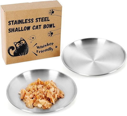 2-Pack Stainless Steel Cat Food Bowls – Shallow Whisker-Friendly Non-Slip Silicone Base,Easy to Clean Indoor Feeding Dishes(13 OZ,6.7")