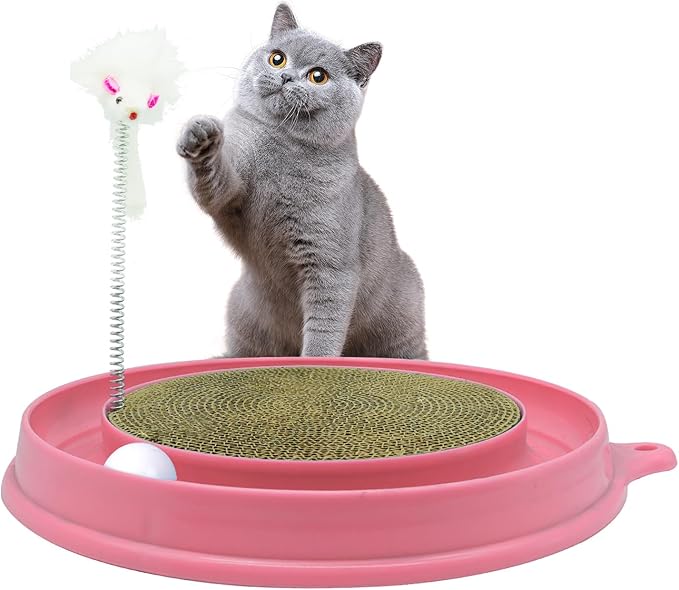 Interactive Cat Scratcher Toy, Round Plastic Scratching Pad with Ball Track & Mouse, Engaging Puzzle for Indoor Adult Cats and Kittens-Pink