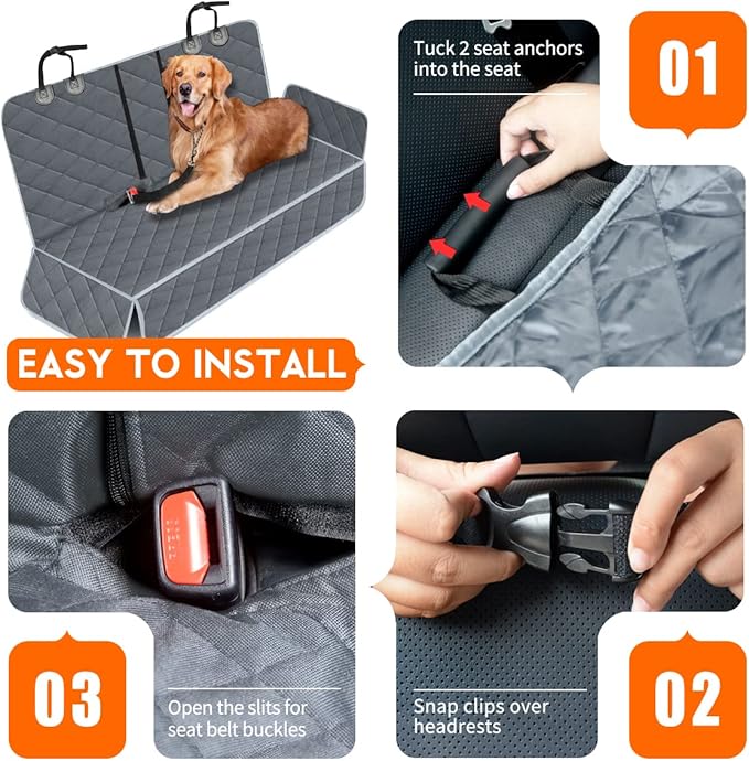 Dog Car Cover for Back Seat Pet Protector Waterproof Bench Car Seat Cover, Nonslip Rear Seat Cover fits Middle Armrest for Most Cars Trucks SUVs - Grey