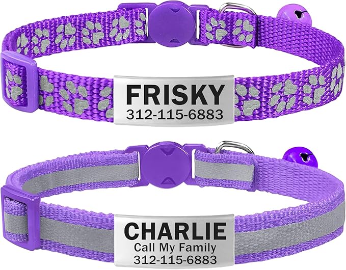 TagME 2 Pack Cat Collar with Name Tag, Personalized Reflective Cat Collar Breakaway with Bell for Boy & Girl Cats, Purple