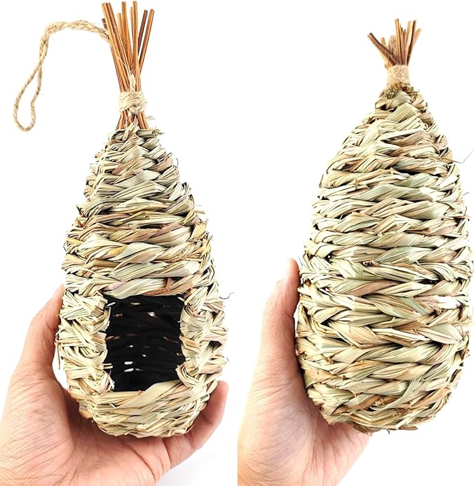 TIHOOD 4PCS 9.2 x 4 Inches Hand Woven Hummingbird House,Bird Hut and Hummingbird Houses Nest, Small Hanging Bird & Chickadee House for Finch & Canary in Outdoor