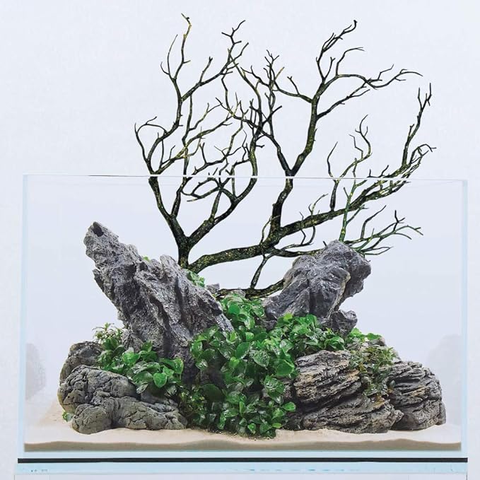 CURRENT USA Moss Green Manzanita Branch 22-inch Tall with Weighted Base | Tree Branches Molded Aquarium Decor Decoration Fake Artificial Fish Tank Ornament for Freshwater or Saltwater (7396)
