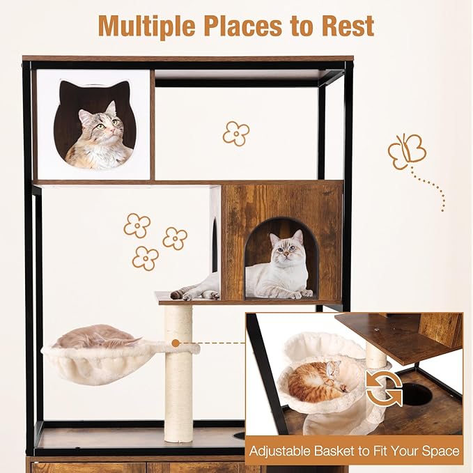 Cat Litter Box Enclosure, Wooden Cat Tree with Hidden Litter Box Enclosure, Indoor Cat House with Condo, Hammock Scratching Mat and Storage Shelves (Brown, Large)