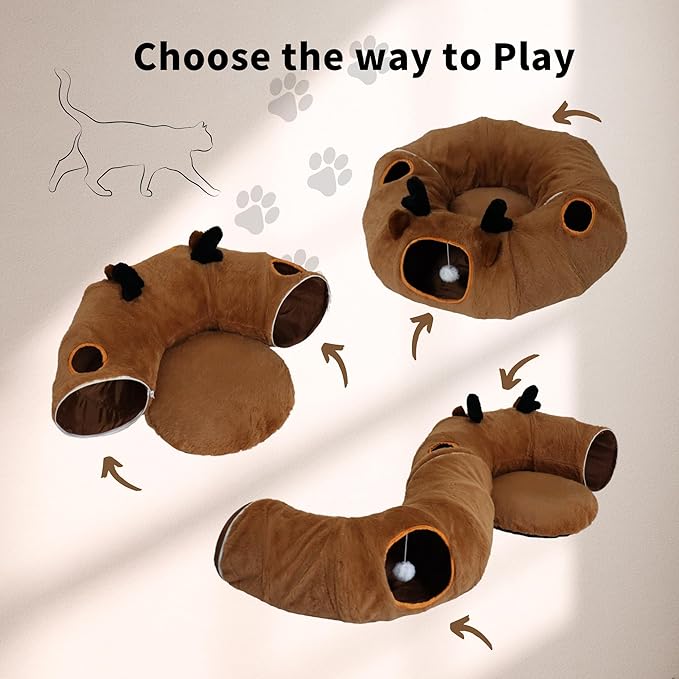 Cat Tunnel Bed for Indoor Cats with Washable Cushion Cat Cave Donut Tunnel with Fluffy Ball Big Round Tube Pet Playground Toys Soft Plush Peekaboo for Kitten, Cat, Puppy, Rabbit, Ferret(Deer)