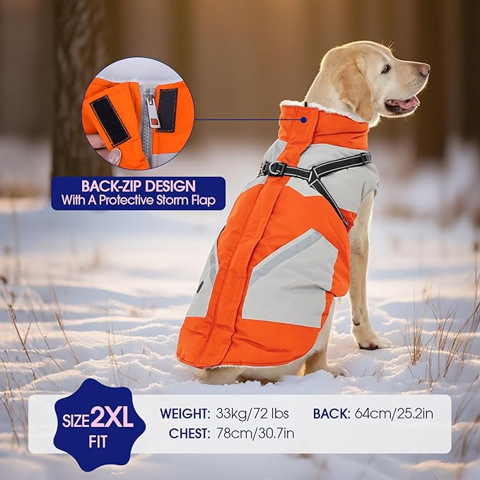 FUAMEY Dog Winter Jackets for Small Dogs,Dog Coat with Harness Built in,Waterproof Dogs Snowsuits Warm Pet Jacket Zip Up Fleece Cold Weather Coats Reflective Puppy Vest with Pocket Orange S