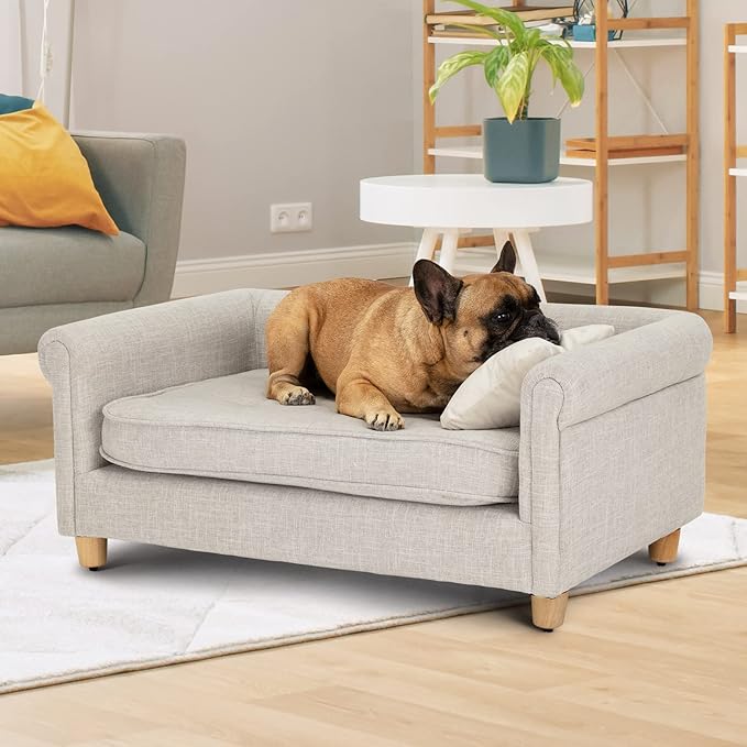 dCee Dog Sofa Bed, 33 Inch Light Gray Couch for Medium Dogs up to 70 Lbs, Offering Soft Velvety Comfort, Joint Support, and a Washable Cushion Cover for Practical Cleaning