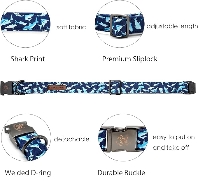 Elegant little tail Dog Collar, Blue Shark Pattern Pet Collar Durable Cute Dog Collars Male or Female Pet Gift Adjustable Dog Collar for X-Large Dogs
