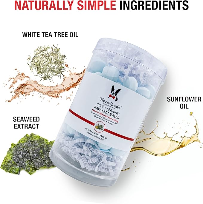 Warren London Deep Cleaning Paw Soak for Dogs – 75 Count Fizz Balls | Made with Tea Tree Oil, Aloe & Seaweed | Stops Licking & Promotes Healthy Pads | 5-Minute at-Home Spa Treatment