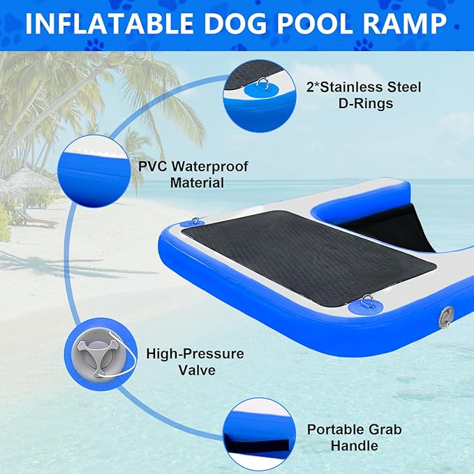 Inflatable Dog Boat Ramp, Non-Slip EVA Dog Float Floating Ramp Ladder for Pools Boats Docks, Safe & Easy Water Access for Large Dogs, Blue