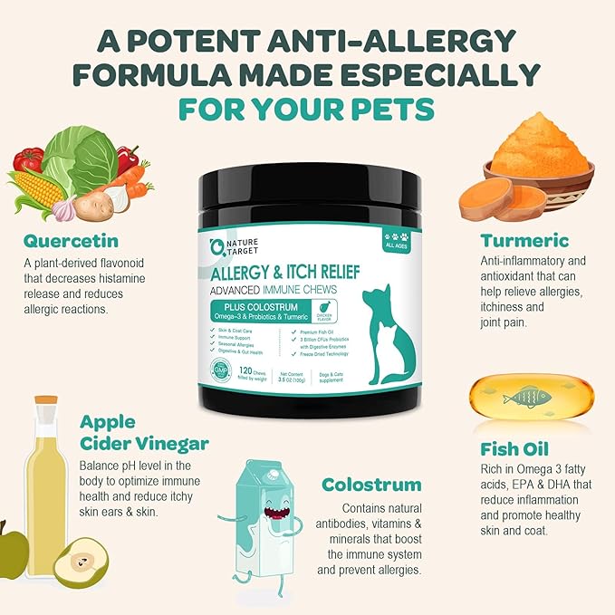 NATURE TARGET Dog Allergy Relief Freeze Dried Chews, with Probiotics, Colostrum for Immune Health, Anti Itch & Seasonal Allergies & Scratching, Omega 3 for Skin & Coat Health, Pawlicking, Hot Spots