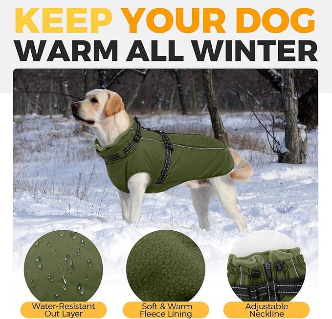Lelepet Waterproof Dog Jacket with Harness Built in Warm Dog Winter Coat, Reflective Jacket Fleece Jacket, Dogs Coats for Small Dogs, Thermal Pet Snowsuit for Cold Weather, Yorkshire, Army Green, S