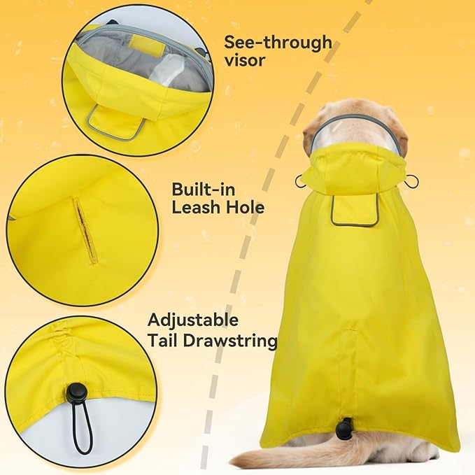 Dora Bridal Dog Raincoat for Medium Dogs, Adjustable Clear Hooded Dog Rain Jacket, Waterproof Dogs Rain Coat Poncho with Reflective Strips for French Bulldog, Dachshund Yellow, M