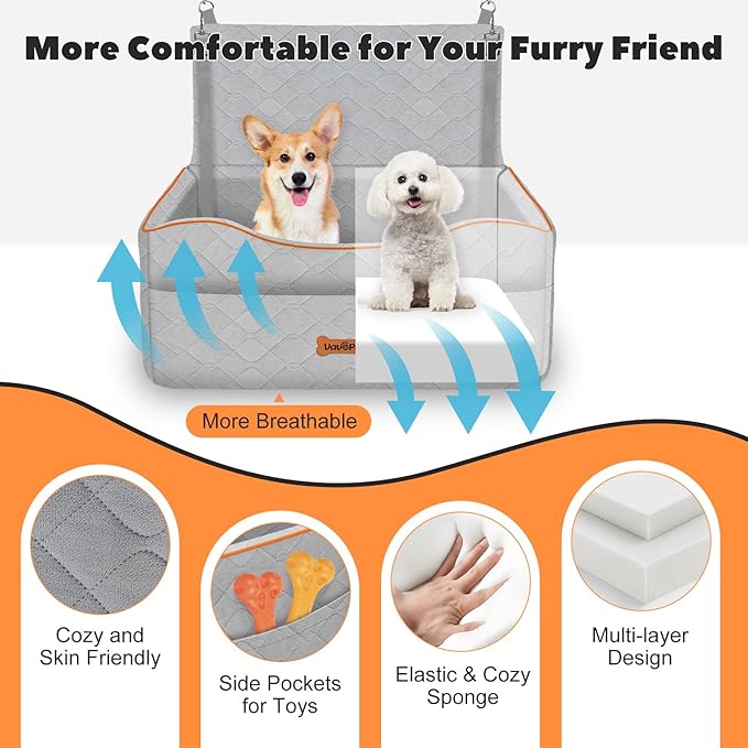 Medium Dog Car Seat, Dog Booster Seat Under 50Lbs or 2 Small Dogs Washable, Pet Car Seats with 2 Safety Leash, Dogs Sofa Bed Cushion Add Thick Sponge, Pet Cars Carrier for Travel, Gray
