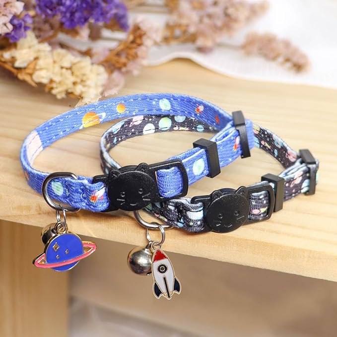 Cat Collar Breakaway, 2 Pack Cotton Cats Collars with Bells, Cute Planet Shaped for Girl Boy Kittens