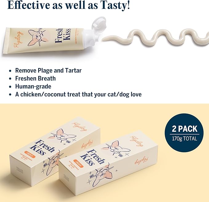 FlyDog Fresh Kiss Dog Tooth Brushing Kit - Vet Approved Formula, Enzymatic Dog Toothpaste and Brush - Breath Freshener & Tartar Remover, 360ยฐ Toothbrush & Finger Brush, Dental Guide, Chicken Flavor