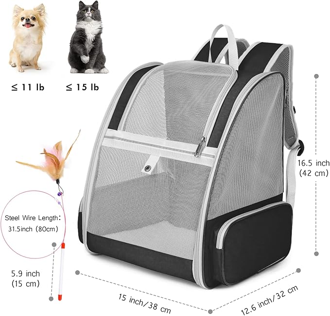 Cat Backpack Carrier, Large Pet Backpack with Kitten Wand Feather Toy for Medium Small Dog Cat Puppy Kitty Bunny up to 15lbs, Ventilated Mesh Dog Travel Carrier for Hiking Walking Outdoor Use (Black)