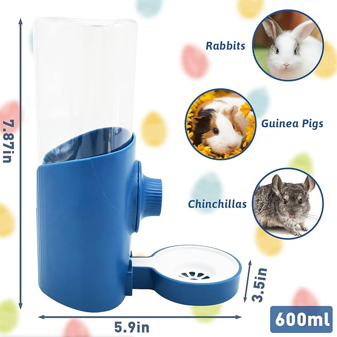 Fhiny Rabbit Water Bottle No Drip, 2 PCS Hanging Guinea Pig Water Dispenser 600ml Small Animal Gravity Automatic Water Feeder for Bunny Guinea Pigs Chinchillas Hedgehogs Ferrets Squirrels (Blue)