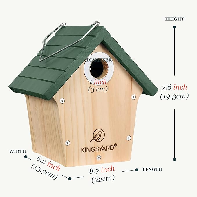 Kingsyard Wooden Bird House with Predator Guard, Wren Bird Nesting for Outdoor, Garden Patio Nest Box for Wild Bird Watching, Green