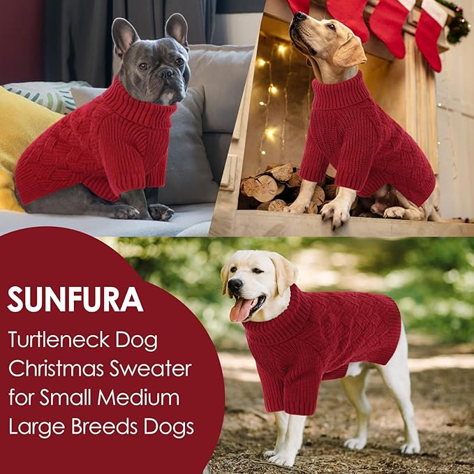 SUNFURA Dog Sweater, Christmas Sweaters for Large Dogs, Solid Color Dog Pullover for Fall Winter, Warm Sweatshirt Knit Turtleneck for Corgi, French Bulldog, Red L
