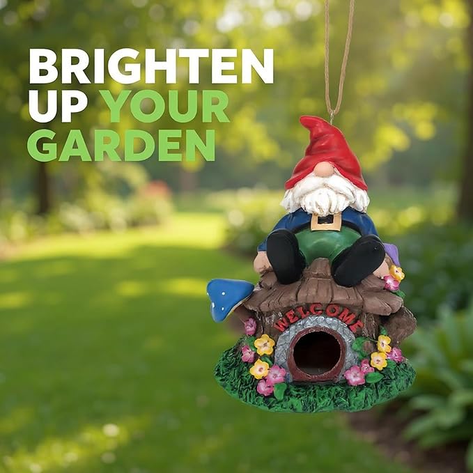 Spoontiques - Birdhouse - Garden Décor - Decorative Bird House for Yard and Garden Decoration - Hanging Novelty for Outdoor Patio - Gnome, Multicolor