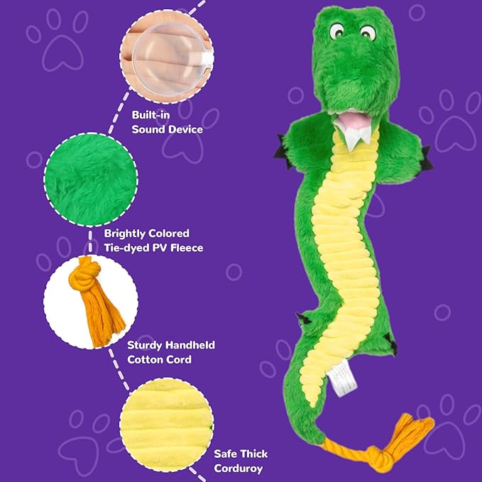 Crinkle Dog Toys Squeaky Plush No Stuffing Cute Puppy Stuffless Tough Rop Pull Toy, Fun Dog Stuffed Animals Durable Chew Set for Small Medium Large Pup (Large, Alligators)