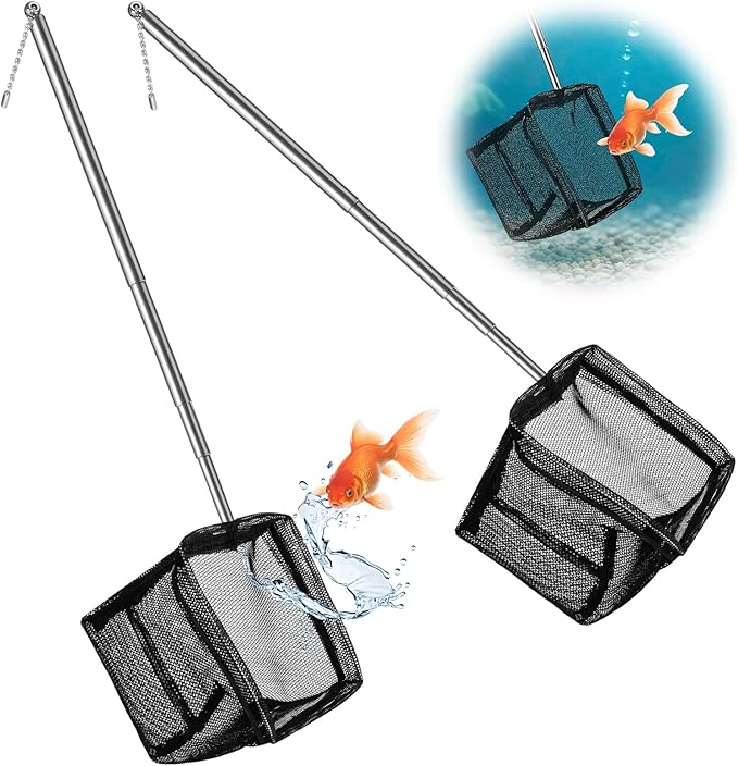 2 Pack 3 Inch Aquarium Net Small Fish Net Black Aquarium Shrimp Nets with Extendable Stainless Steel Handle Fine Tank Tool Mesh for Shrimp, Baby Fish, Food Residue Debris Skimming