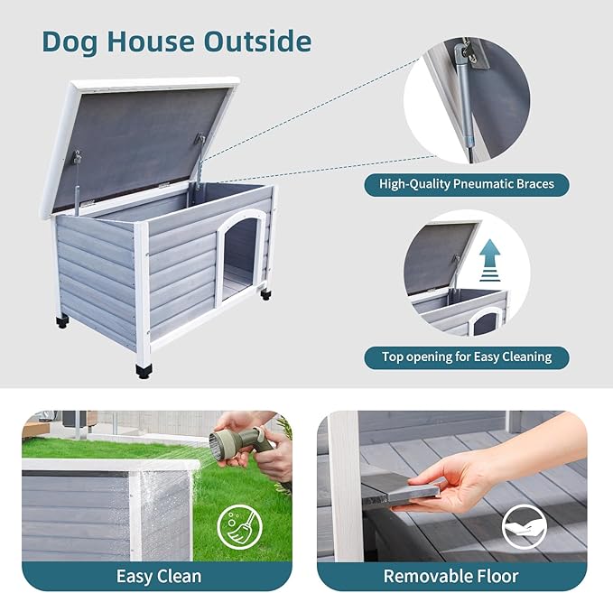 Petsfit Wooden Dog House,Outdoor Pet Kennel, Solid Wood, Weather Proof, Light Grey, Medium/40.8 X 26 X 27.6 Inch