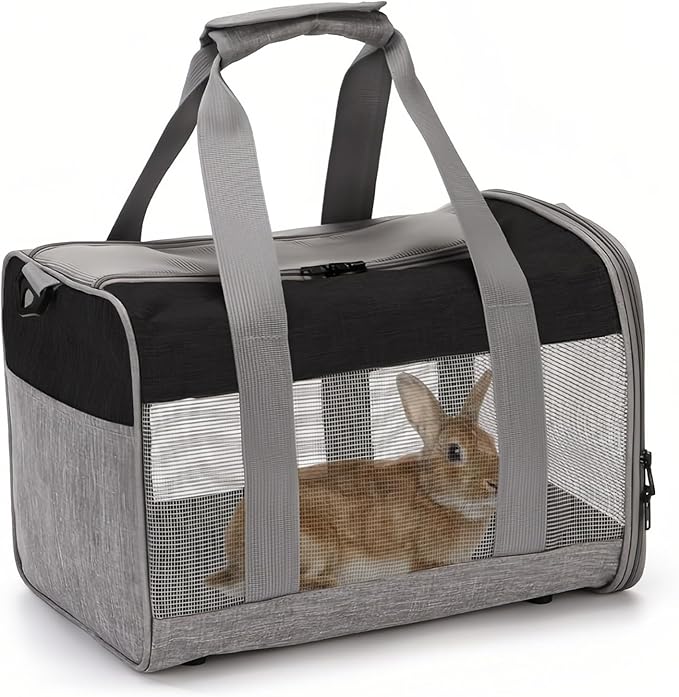 PINVNBY Bunny Carrier for Travel Camping Outdoor, Small Pet Carrier, Guinea Pig Carrier, Breathable Pet Portable Hand Bag for Hamster Bunny Guinea Pig(Black & Gray)