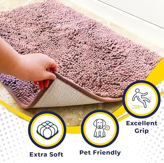 Muddy Mat® AS-SEEN-ON-TV Highly Absorbent Microfiber Door Mat and Pet Rug, Non Slip Thick Washable Area and Bath Mat Soft Chenille for Kitchen Bedroom Indoor and Outdoor - Light Pink 24" x 96"