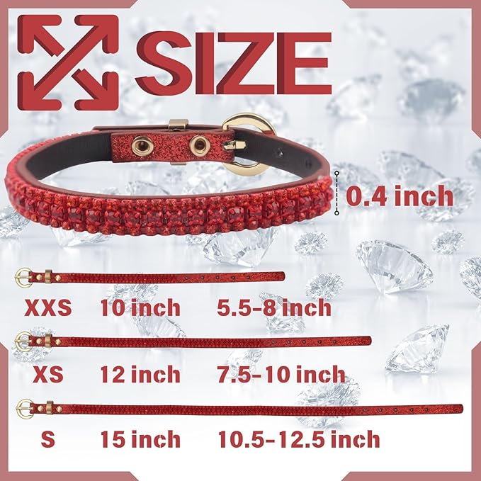 PEARLY JUN Rhinestone Dog Collars for Small Dogs Cat, XXS Red Bling Diamond Cat Collar Cute Luxury Crystal Pet Puppy