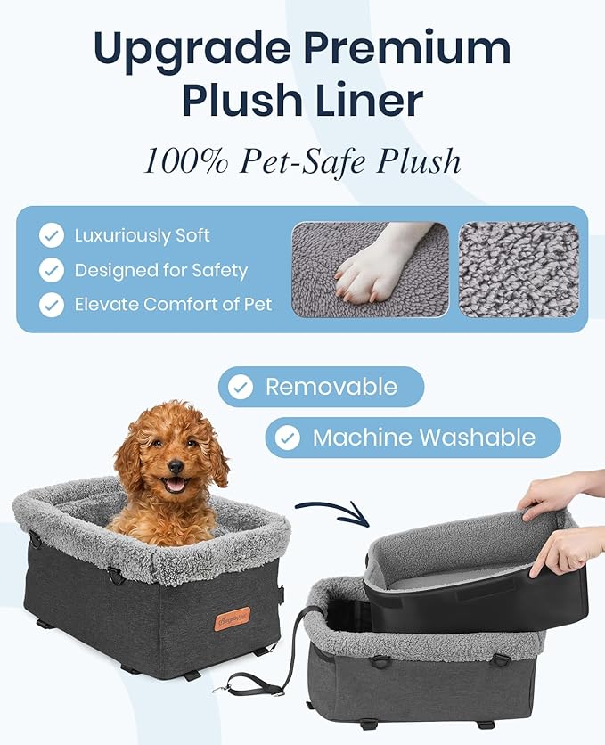 BurgeonNest Armrest Medium Sized Dog Car Seat - Portable Pet Booster Center Console Carseat Up to 15lbs, Safe Comfort Car Travel with Metal Frame, Pee Pad, Washable Fluffy Cushion and Interior, Grey