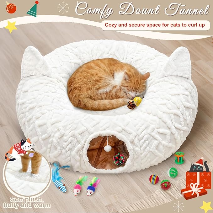 OurWarm Christmas Cat Tunnel Tree Skirt, Soft Plush Cat Donut Tunnel Bed with Washable Mat & 11 Pcs Interactive Toys, Peekaboo Cat Cave Under Christmas Tree for Indoor Cats Small Animals