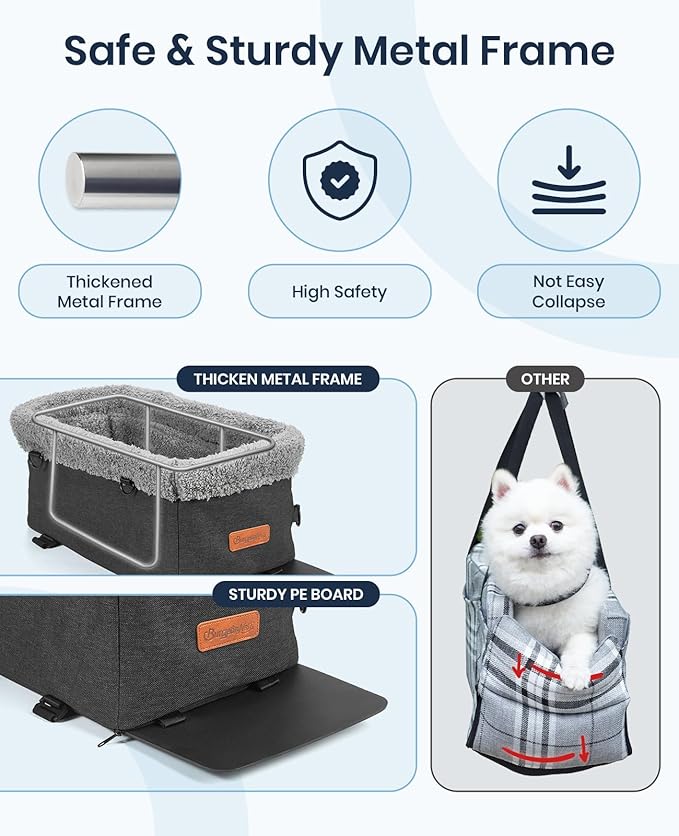 BurgeonNest Armrest Medium Sized Dog Car Seat - Portable Pet Booster Center Console Carseat Up to 15lbs, Safe Comfort Car Travel with Metal Frame, Pee Pad, Washable Fluffy Cushion and Interior, Grey