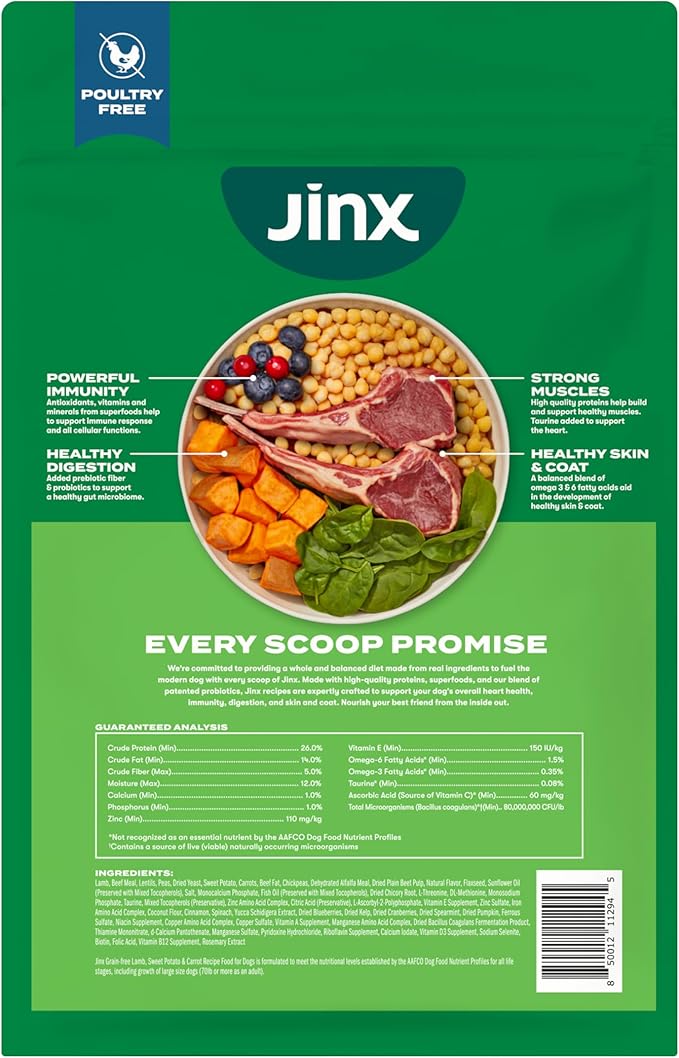 Jinx Premium Grain-Free Dry Dog Food, for All Lifestages - Grass-Fed Lamb, Sweet Potato & Carrot Dog Food with Superfoods for Immune Support & Probiotics for Digestive Support - No Fillers - 11.5lb