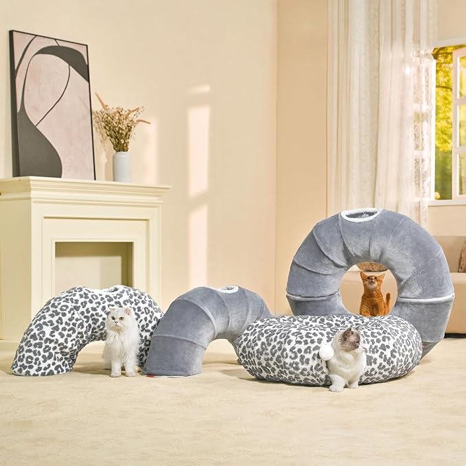 Cat Tunnel Bed 35.5 Inch XL Cat Donut Tunnels for Indoor Cats Cute Tubes Round Pet Play Tunnel Toy for Kitten Puppy Rabbit with Washable Circle Cushion Leopard Grey