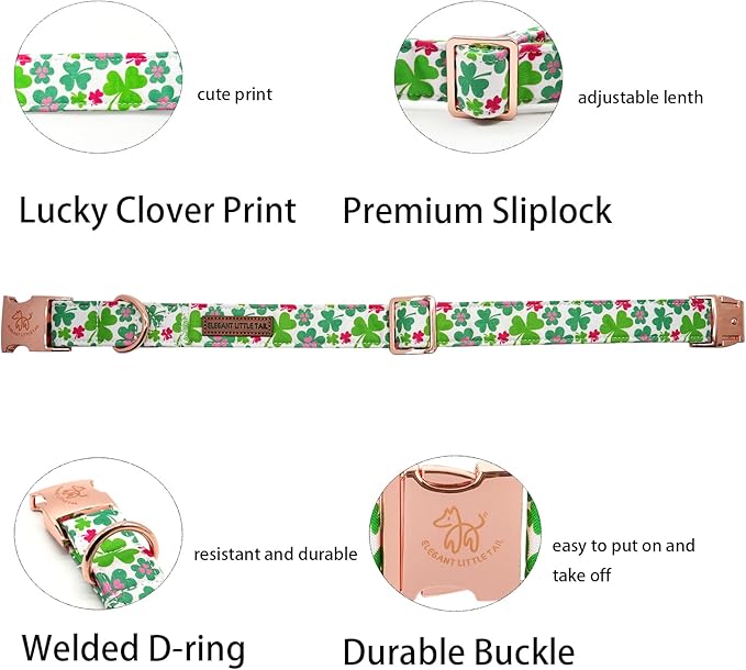 Elegant little tail St Patrick's Dog Collar, Green Clover Pet Collar Cotton Holiday Pet Collar Cute Puppy Collar Adjustable Pet Dog Collars for Medium Dogs