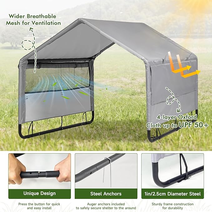 4'x 4'x 3.3' Extra Large Dog House Outside, Pet Tent Outdoor Dog Shade Shelter for Large Medium Dogs, Outside Sun Rain Canopy Pet House for Cats Pigs Livestock w/Artificial Leaves