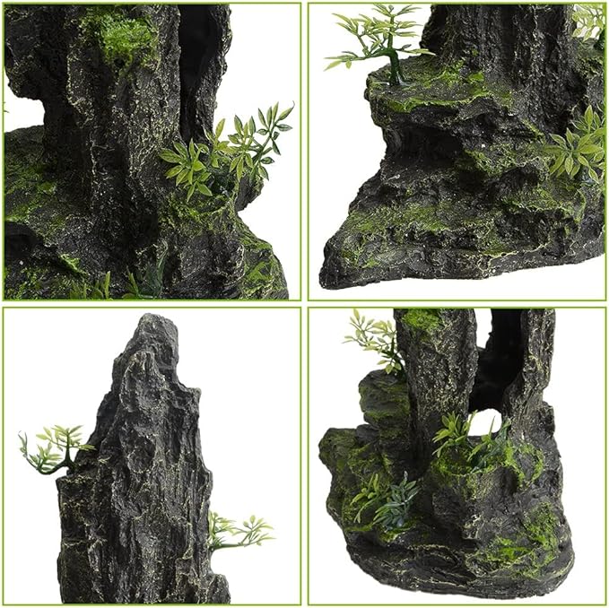 AnRui Aquarium Decorations Large and Tall Mountain View Stone Betta Hideout Fish Tank Accessories Decor Cute Tree Rock Cave Landscape for Turtles, Fish to Play, 14.4inch